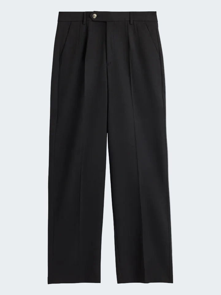Black pleated pants on a white background