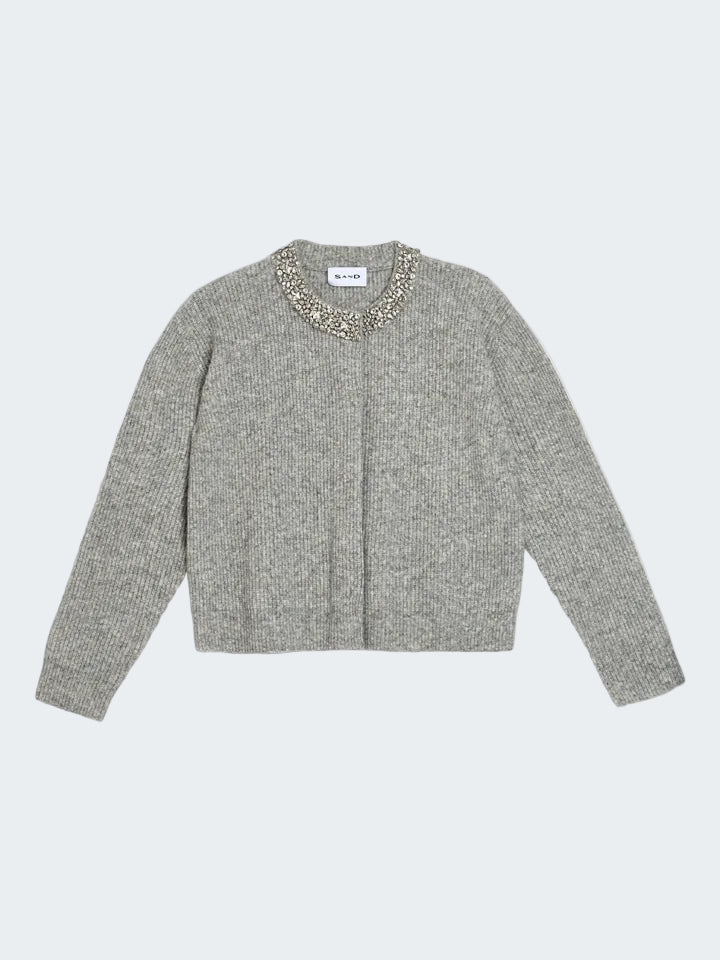 Gray textured cardigan with embellished neckline