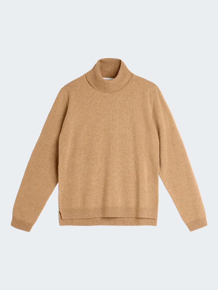 Camel turtleneck sweater on a white background