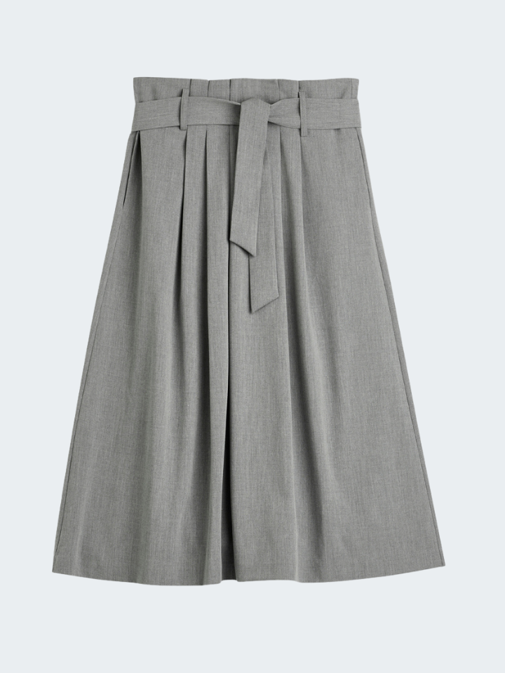 Belted Pleated Skirt in Light Cadi with Stretch