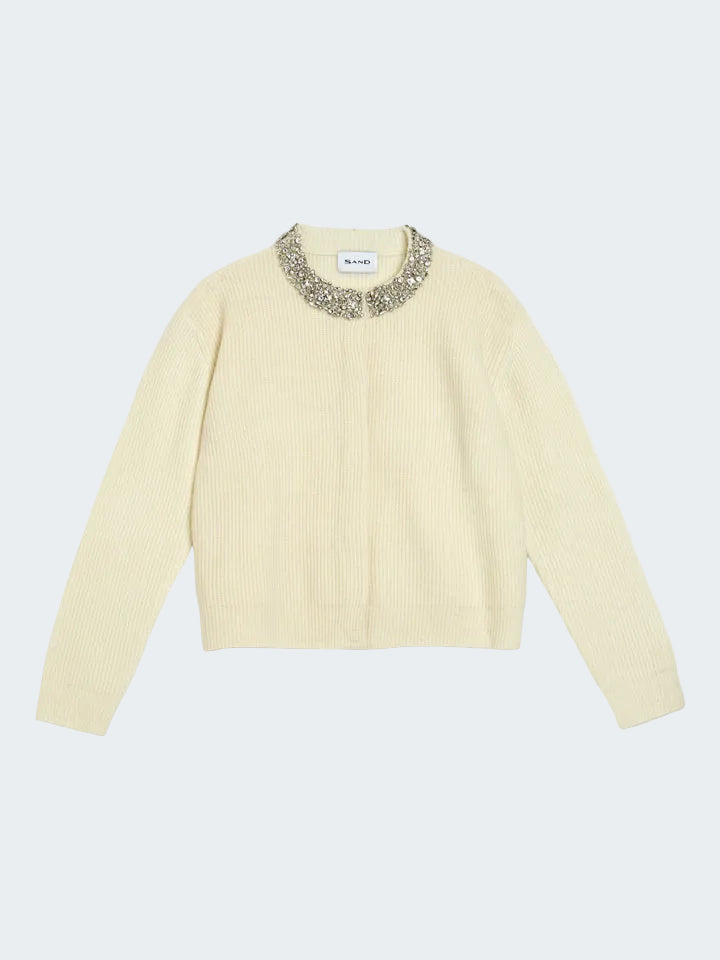 Embellished cardigan in cashmere wool with stretch